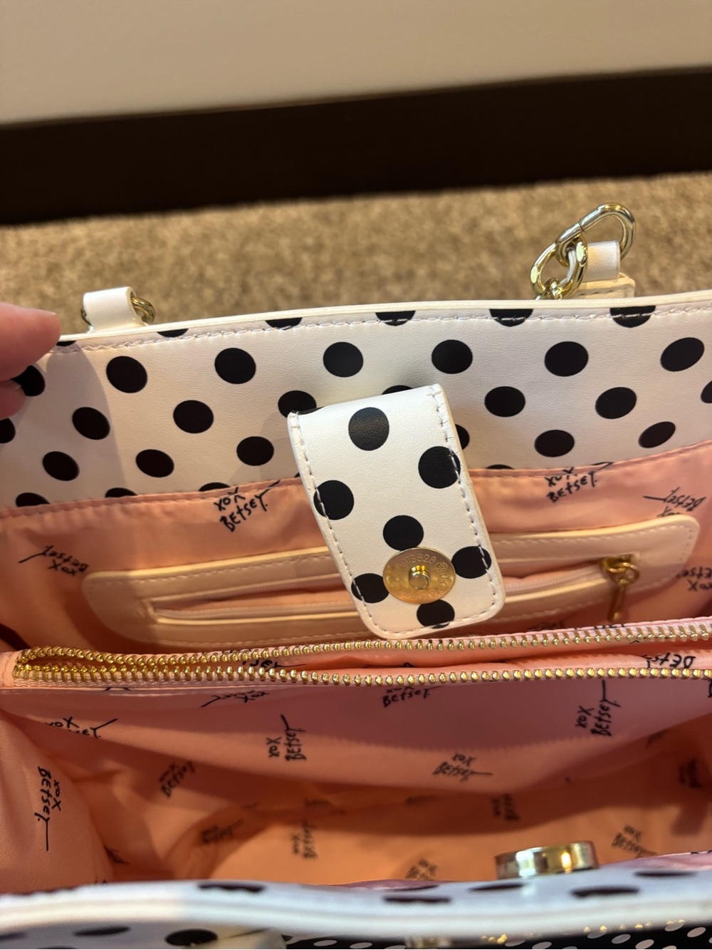 Betsey Johnson Black & White Polka Dot Tote with Pink Pom Charm - Picture 9 of 10
